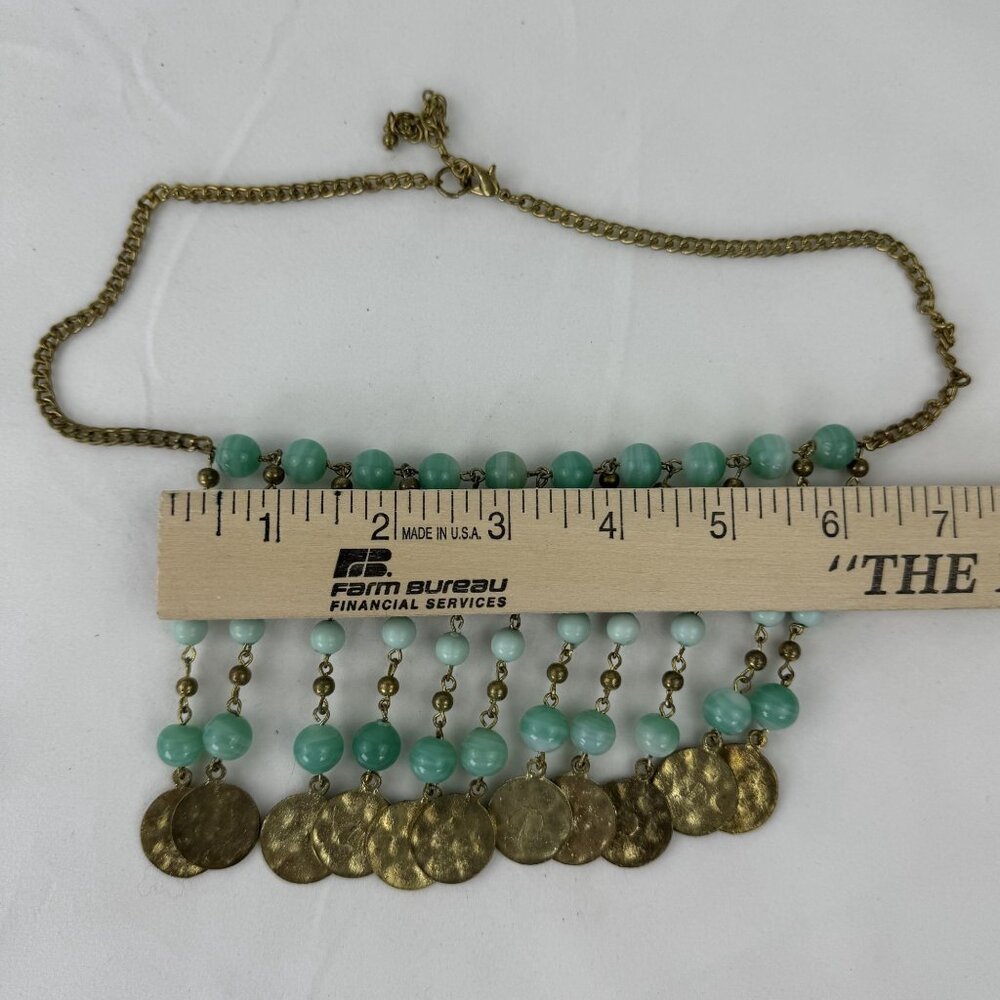 Vtg Multi-Strand Faux Jade Beaded Necklace 21" Brass Discs Art Deco Statement - Picture 6 of 9